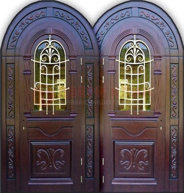 Индивидуальная арочная дверь со стеклом и ковкой ДА-19 в Ликино-Дулево