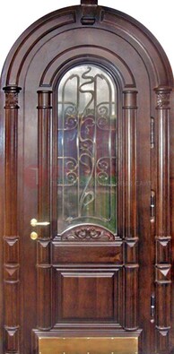 Арочная металлическая дверь массив со стеклом и ковкой ДА-50 в Ликино-Дулево