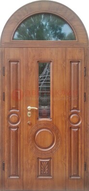 Двустворчатая железная дверь МДФ со стеклом в форме арки ДА-52 в Ликино-Дулево
