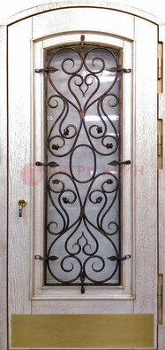 Железная дверь Винорит в форме арки со стеклом и ковкой ДА-53 в Ликино-Дулево