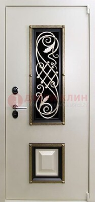 Белая стальная дверь с ковкой со стеклопакетом и МДФ ДК-30 в Ликино-Дулево