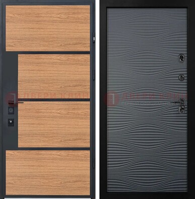 Металлическая коричневая дверь с фрезерованной черной МДФ внутри ДМ-311 в Ликино-Дулево