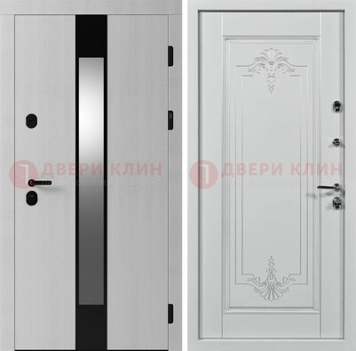 Белая металлическая дверь МДФ с зеркальной вставкой ДМ-324 в Ликино-Дулево