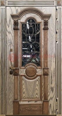 Железная дверь с массивом дуба со стеклом и ковкой ДМД-47 в Ликино-Дулево