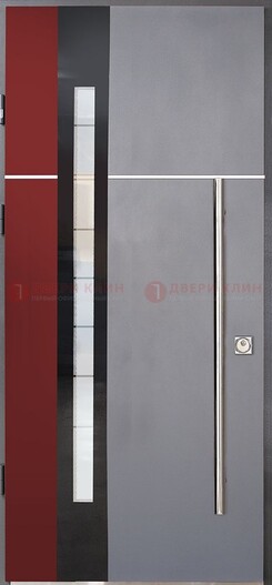 Серая входная дверь с порошковым окрасом и красной вставкой ДП-175