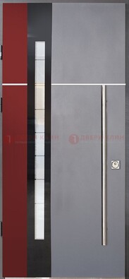 Серая входная дверь с порошковым окрасом и красной вставкой ДП-175 в Ликино-Дулево