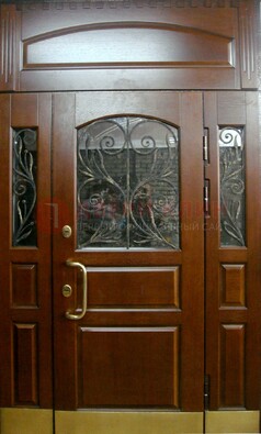 Стальная парадная дверь со вставками из стекла и ковки ДПР-30 в коттедж в Ликино-Дулево
