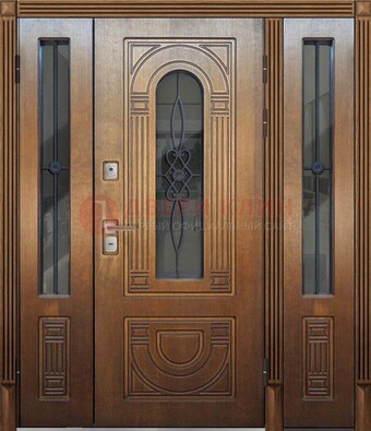 Коричневая стальная парадная дверь с фрамугой ДПР-84 в Ликино-Дулево