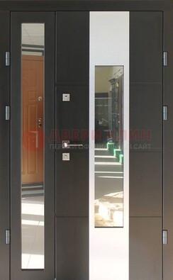 Темная полуторная стальная дверь со стеклом ДС-10 в Ликино-Дулево