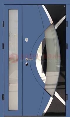 Синяя металлическая дверь со стеклом и узором ДС-13 в Ликино-Дулево