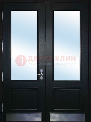 Черная двухстворчатая металлическая дверь со стеклом ДС-25 в Ликино-Дулево