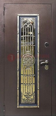 Железная дверь цвета медный антик со стеклом и ковкой ДСК-105 в Ликино-Дулево