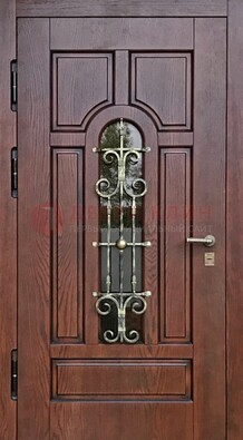 Cтальная дверь со стеклом и ковкой в коричневом цвете ДСК-119 в Ликино-Дулево