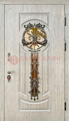 Светлая железная дверь со стеклом ковкой для коттеджа ДСК-134 в Ликино-Дулево