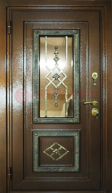Теплая входная дверь со стеклом и ковкой разноцветной ДСК-13 в Ликино-Дулево