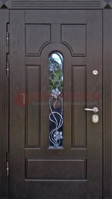 Металлическая дверь со стеклом и ковкой в цвете венге ДСК-142 в Ликино-Дулево