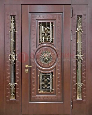 Коричневая стальная дверь со стеклом и ковкой ДСК-147 с фрамугами в Ликино-Дулево
