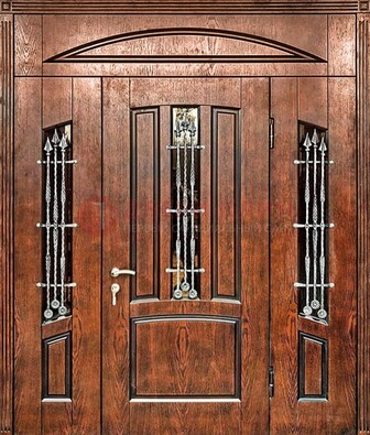 Стальная дверь со стеклом и ковкой с фрамугами ДСК-149 коричневая в Гатчине