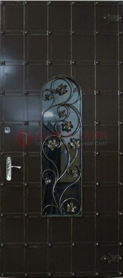 Высокая железная дверь со стеклом и ковкой ДСК-15 в Ликино-Дулево