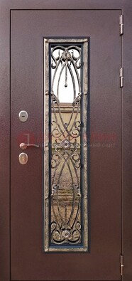 Коричневая стальная дверь порошок со стеклом и ковкой для дома ДСК-169 в Ликино-Дулево