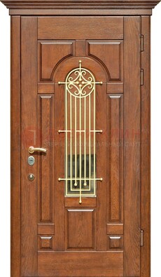 Коричневая железная дверь винорит со стеклом и ковкой ДСК-189 в Пскове