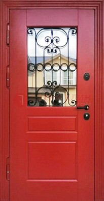 Красная железная дверь Винорит со стеклом и ковкой ДСК-205 в Ликино-Дулево