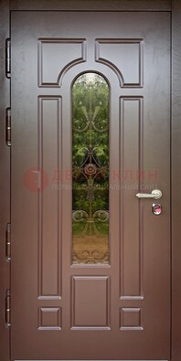 Металлическая коричневая дверь Винорит со стеклом и ковкой ДСК-210 в Хотьково