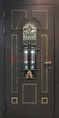 Темная входная дверь Винорит со стеклом и ковкой ДСК-211 в Ликино-Дулево