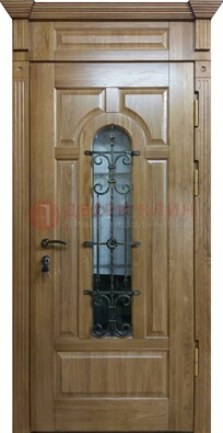 Металлическая дверь массив со стеклом и ковкой для дома ДСК-246 в Сергиевом Посаде