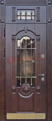 Металлическая дверь массив со стеклом и ковкой с фрамугой ДСК-249 в Ликино-Дулево