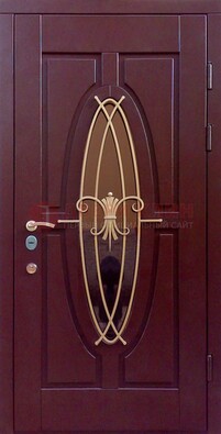 Бордовая стальная дверь Винорит со стеклом и ковкой ДСК-263 в Ликино-Дулево