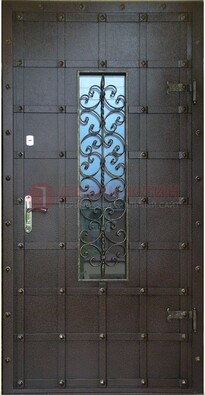 Стальная дверь со стеклом и ковкой ДСК-84 с утеплением в Ликино-Дулево
