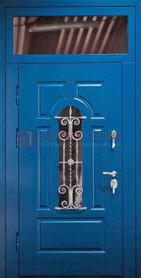 Синяя железная филенчатая дверь со стеклом и ковкой ДСК-97 в Ликино-Дулево