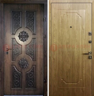 Железная коричневая дверь с виноритом и терморазрывом Золотой дуб внутри ДВТ-101 в Ликино-Дулево