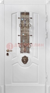 Белая металлическая дверь с виноритом и стеклом с ковкой ДВТ-165 в Ликино-Дулево