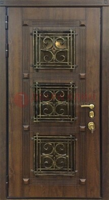 Коричневая металлическая дверь с виноритом и ковкой ДВТ-199 в Ликино-Дулево