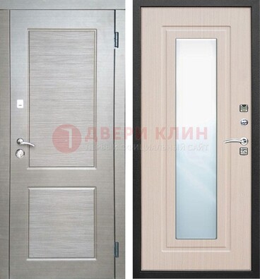 Светлая металлическая филенчатая дверь и МДФ Белый дуб с зеркалом ДЗ-104 в Ликино-Дулево