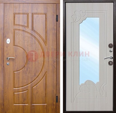 Коричневая металлическая дверь c МДФ с узором и зеркалом ДЗ-105 в Ликино-Дулево