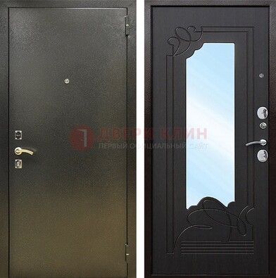 Железная темная дверь c порошковым напылением и МДФ с узором и зеркалом ДЗ-111 в Ликино-Дулево
