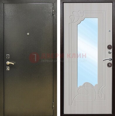 Входная темно-серая дверь c порошковым покрытием и МДФ с резьбой и зеркалом ДЗ-113 в Щелково