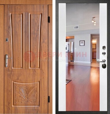 Входная коричневая дверь терморазрыв c виноритом и белая МДФ c зеркалом ДЗ-123 в Ликино-Дулево