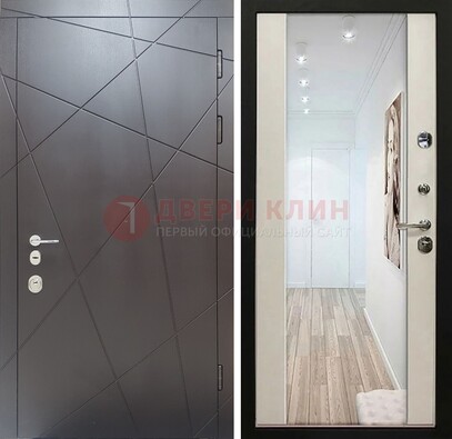 Железная коричневая дверь со светлой МДФ внутри и зеркалом ДЗ-125 в Ликино-Дулево