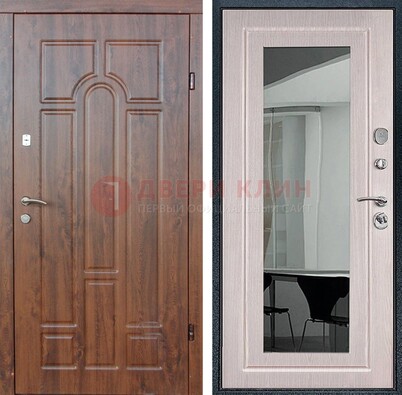 Входная коричневая дверь с МДФ Белый дуб и зеркалом ДЗ-126 в Ликино-Дулево