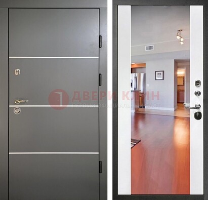 Темная коричневая входная дверь с зеркалом МДФ белая внутри ДЗ-131 в Ликино-Дулево