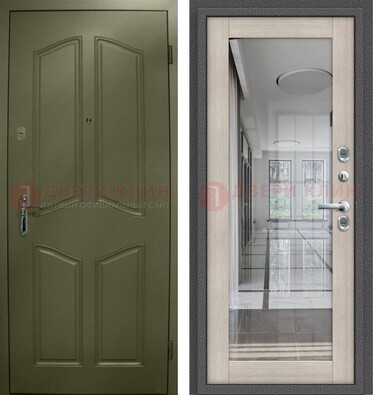 Зеленая стальная дверь с МДФ панелями и зеркалом ДЗ-137 в Ликино-Дулево