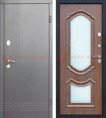 Серая входная дверь со светлой МДФ и зеркалами внутри ДЗ-77 в Ликино-Дулево