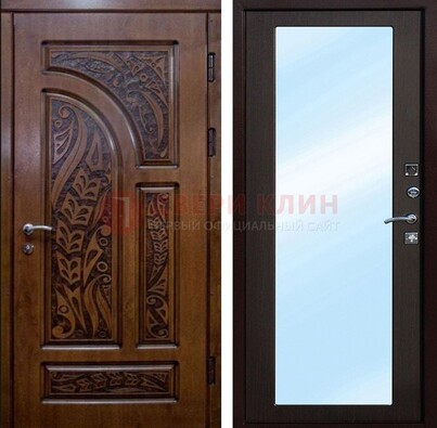 Коричневая входная дверь c узором и виноритом МДФ с зеркалом ДЗ-98 в Сосновый Бор