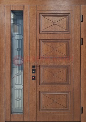 Современная полуторная стальная дверь Винорит со стеклом и ковкой ПЛ-27 в Ликино-Дулево