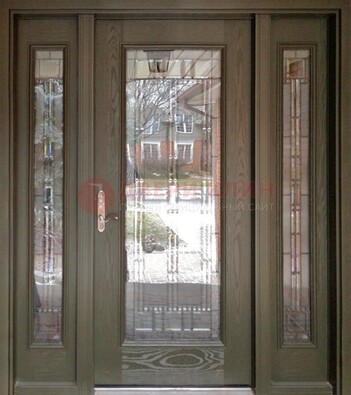 Коричневая стальная дверь с массивом дуба с витражом ВЖ-16 в Ликино-Дулево