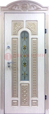 Белая железная дверь с МДФ и витражом ВЖ-26 в Ликино-Дулево